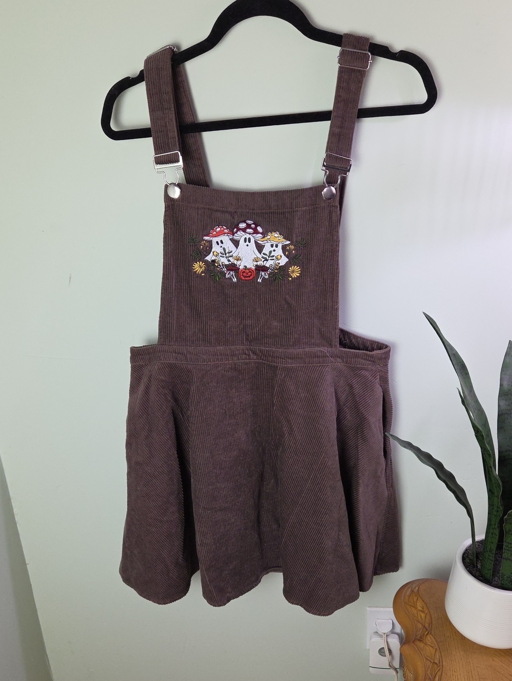 Embroidered Corduroy Skirtall Dress With Ghost And Mushrooms